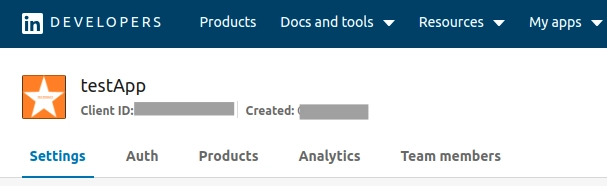LinkedIn developer app settings page