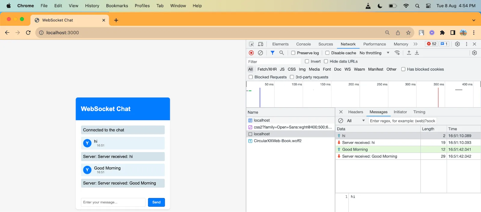 WebSocket chat application with browser network messages
