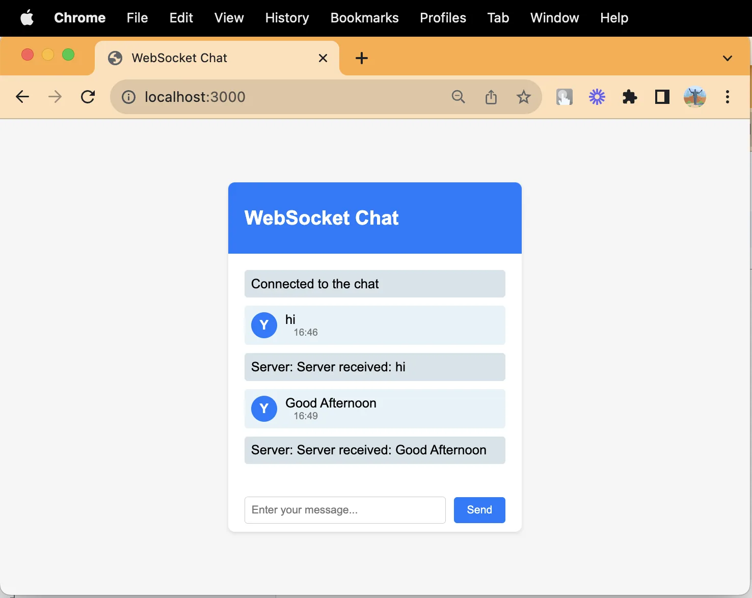 WebSocket chat interface showing exchanged messages