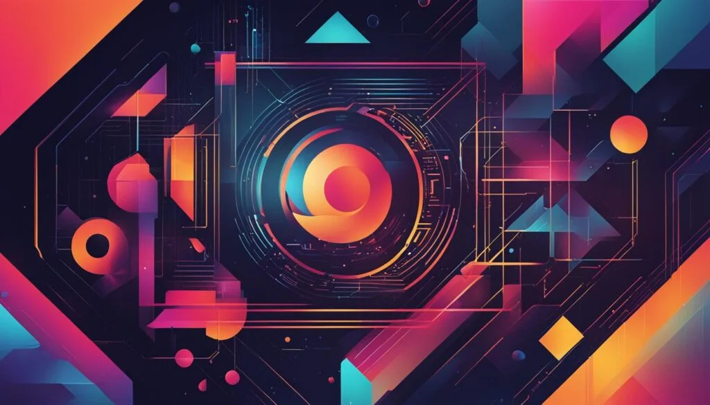 Abstract futuristic geometric art with neon circuit lines.