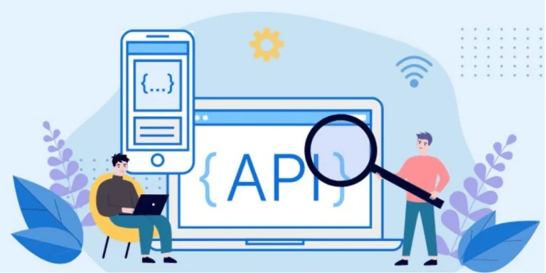 Illustration of people searching an API with a magnifying glass icon