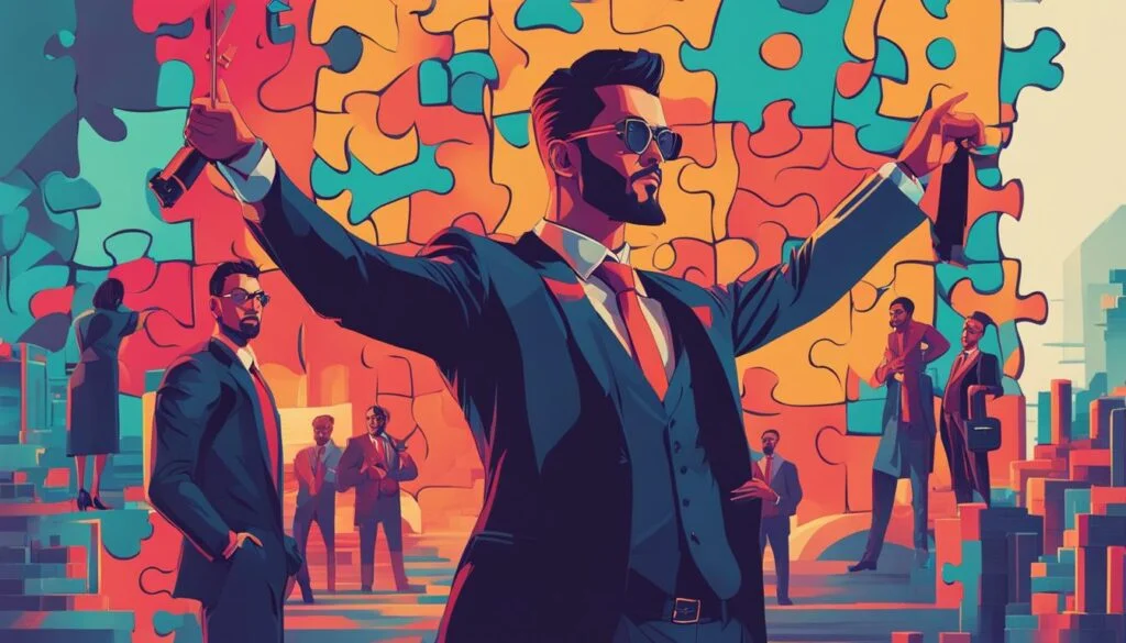 Illustration of businessman completing puzzle backdrop