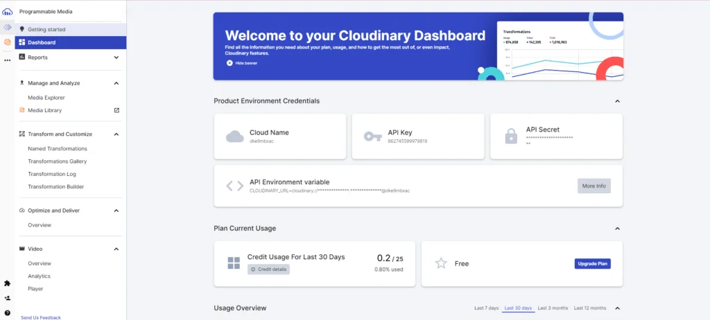 Cloudinary platform dashboard showing credentials.