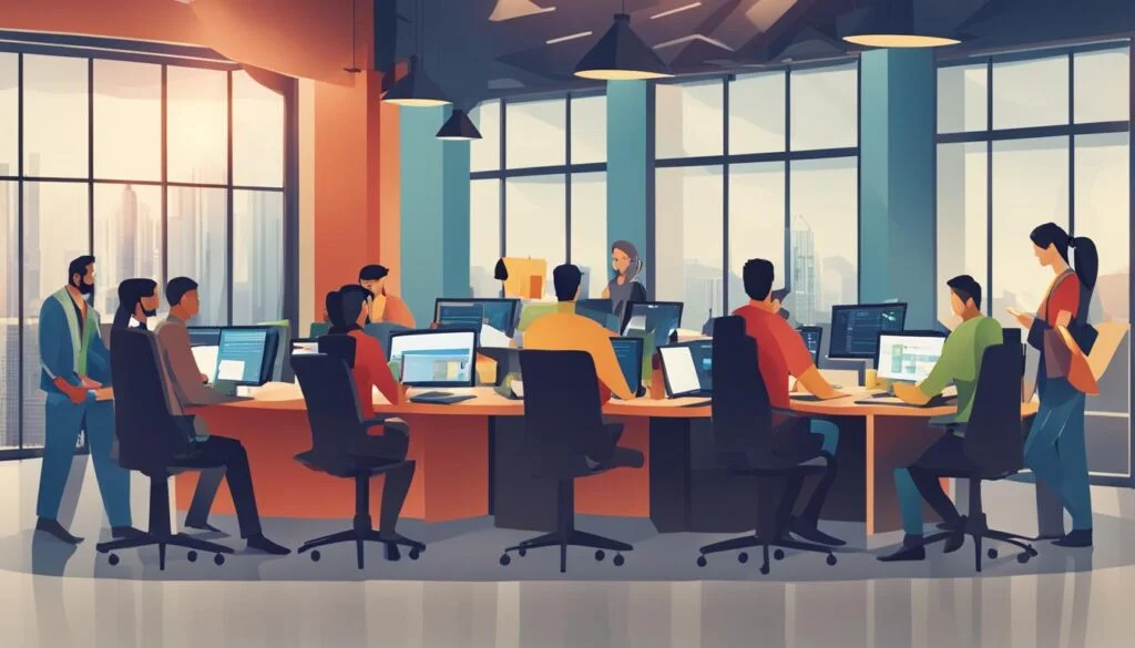 Team of software engineers coding at a large desk.