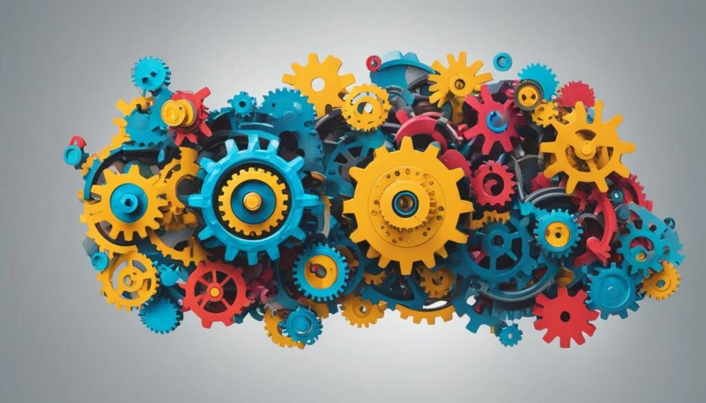 Complex cluster of colorful interlocking machine gears.