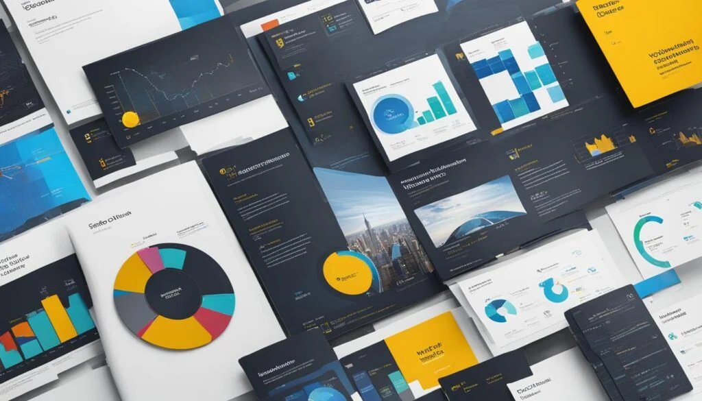 Corporate brand identity mockup with data dashboards.