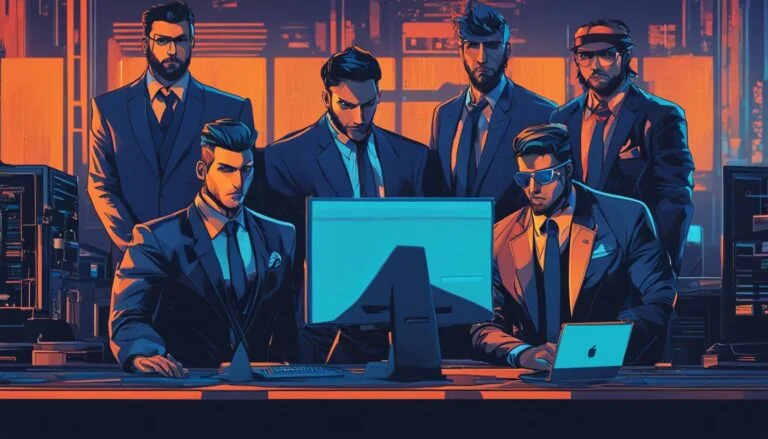 Men in suits gathering around a glowing computer