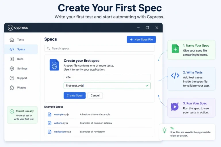 Cypress Create First Spec window showing how to create a new spec file for automated end-to-end testing.