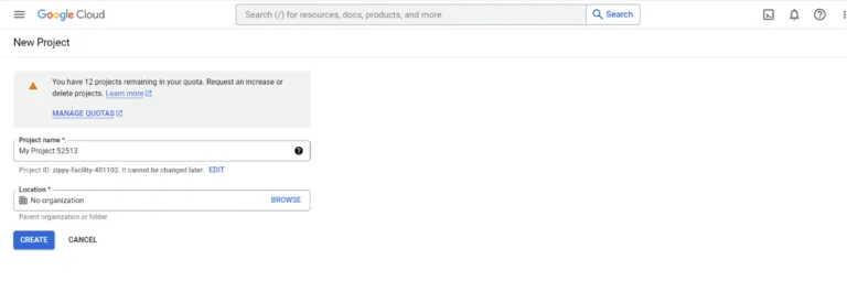 Google Cloud console setup screen for a new project.