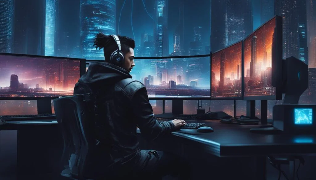 Gamer at a multi-monitor desk in a futuristic city.