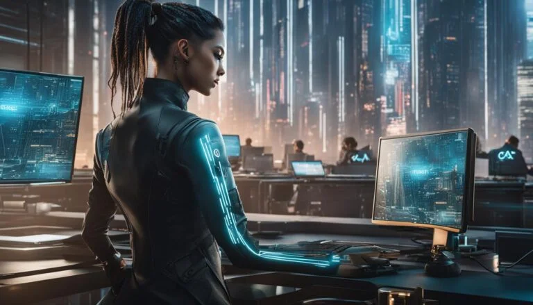 Woman with glowing cybernetic arm at a computer station.