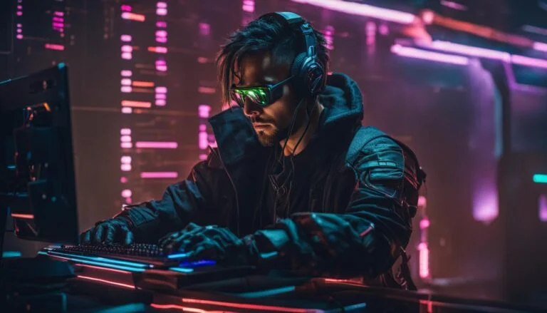 Cyberpunk hacker coding at a neon tech workstation