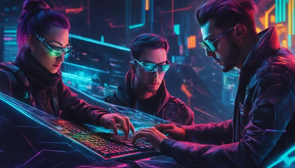 Three cyberpunk hackers at a glowing computer desk