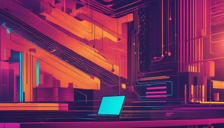 Open laptop in a futuristic neon lit server room.