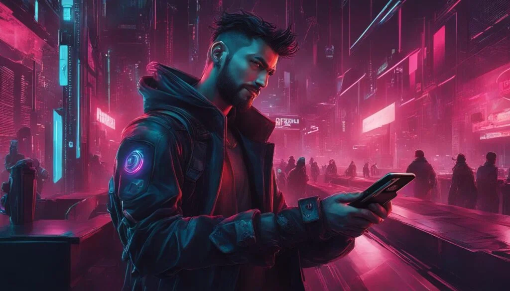 Man with phone in futuristic pink neon city.