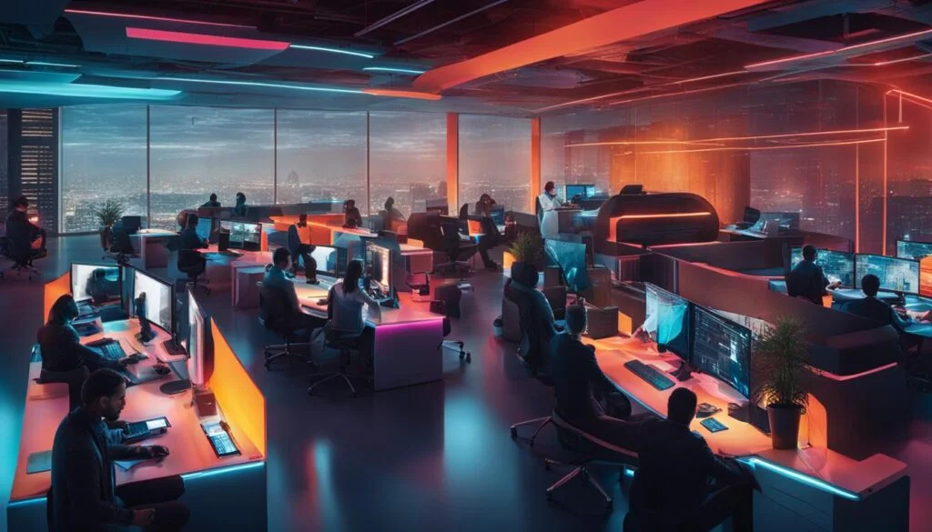 Neon-lit modern command center with city views.