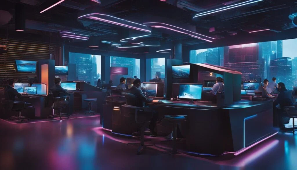  Futuristic tech command center with city views.