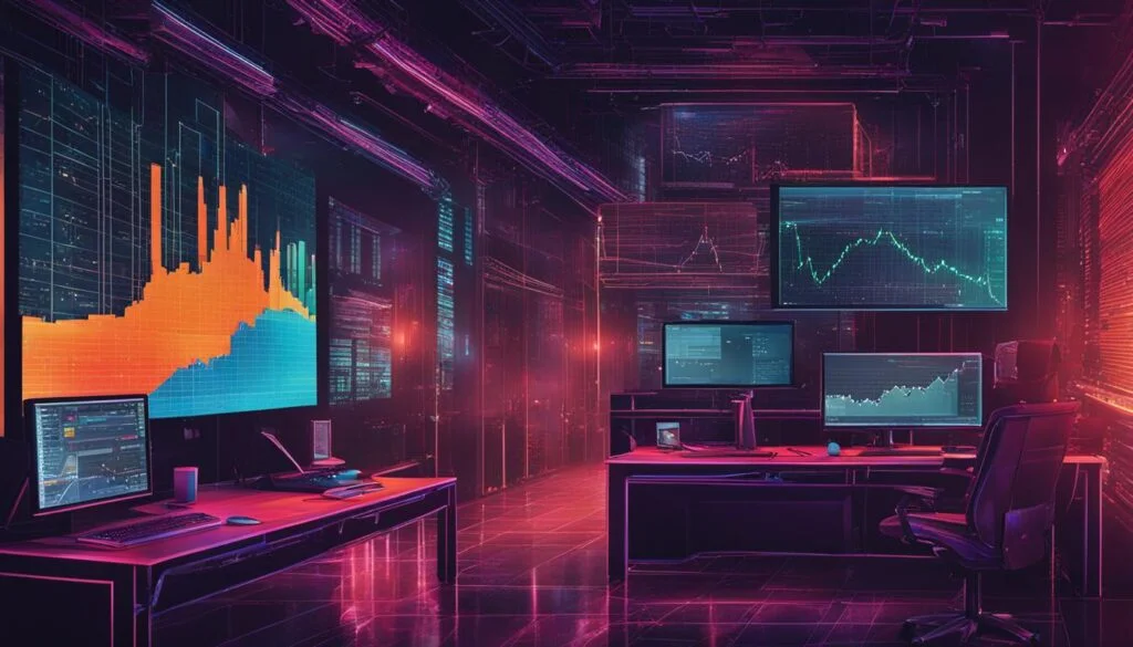 Futuristic room displaying financial data charts.
