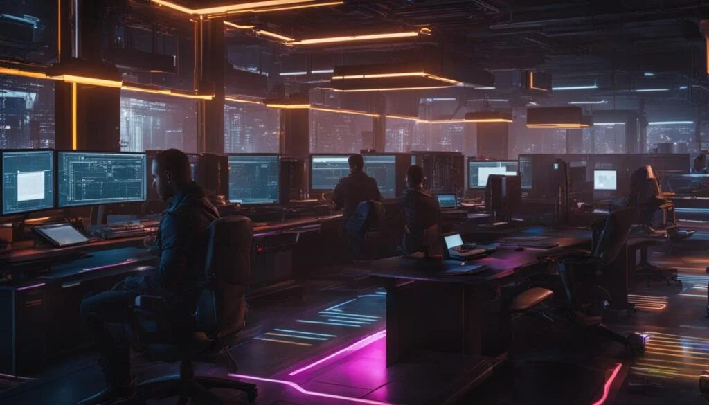 People working at computers in a futuristic control room.
