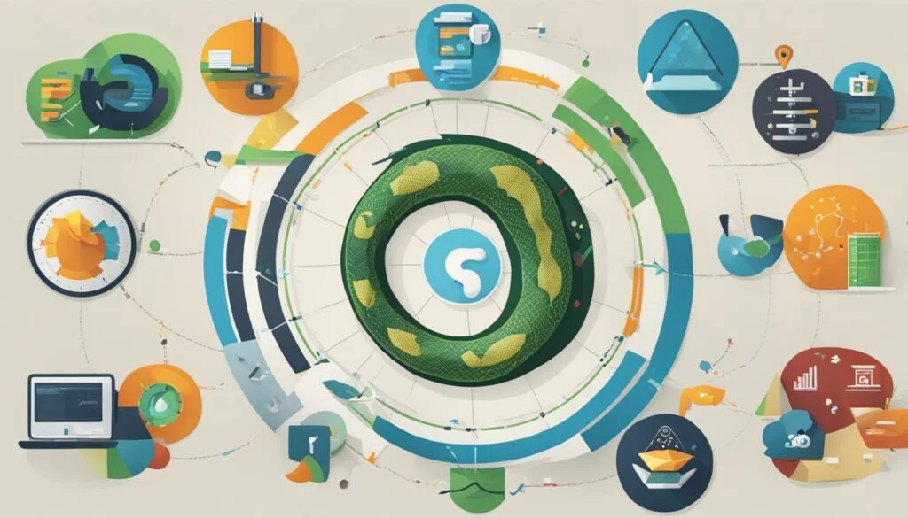 Circular infographic showing connected digital systems.