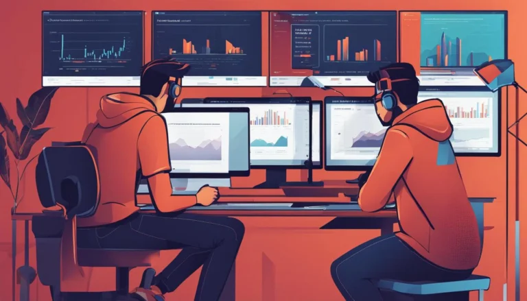 Developers working at computer screens in a dark red-lit office