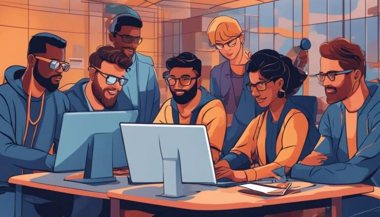 Illustration of diverse team collaborating at computer.