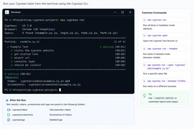 Command line terminal running Cypress automated tests using the Cypress CLI with passing test results and execution logs.