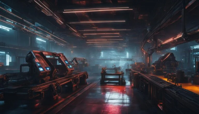 Sci-fi manufacturing plant with robotic assembly lines.