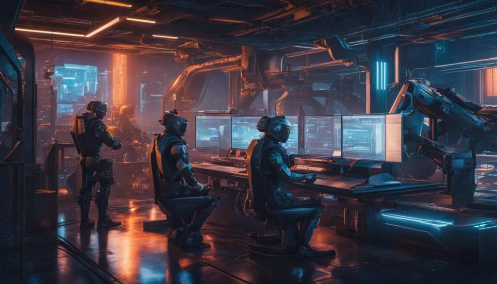 Robots sitting at computers in a sci-fi command center.