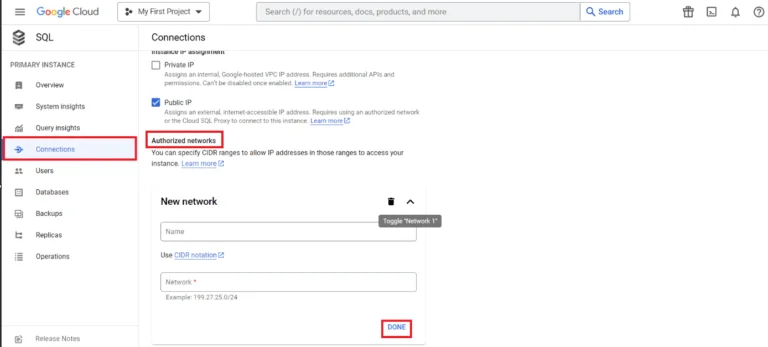 Google Cloud SQL authorized networks setup screen.