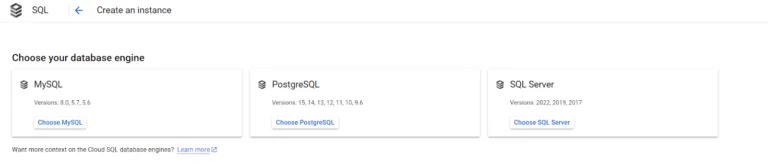 Google Cloud SQL database engine selection screen.