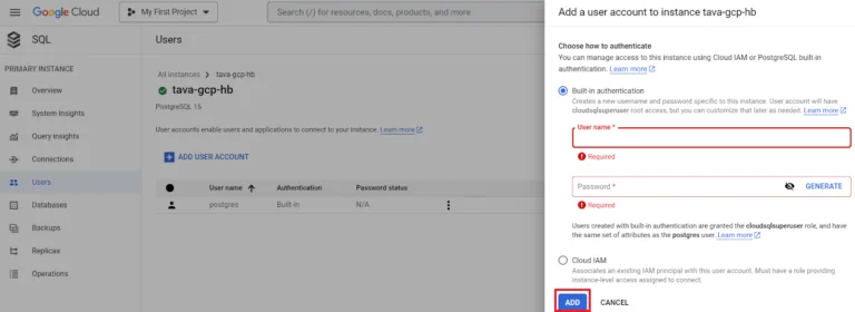 Google Cloud SQL add user account sidebar menu.