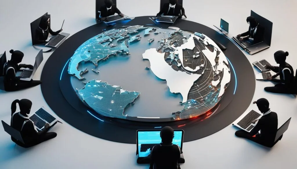 People sitting around a digital globe with laptops