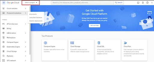 Google Cloud console dashboard with navigation menu.