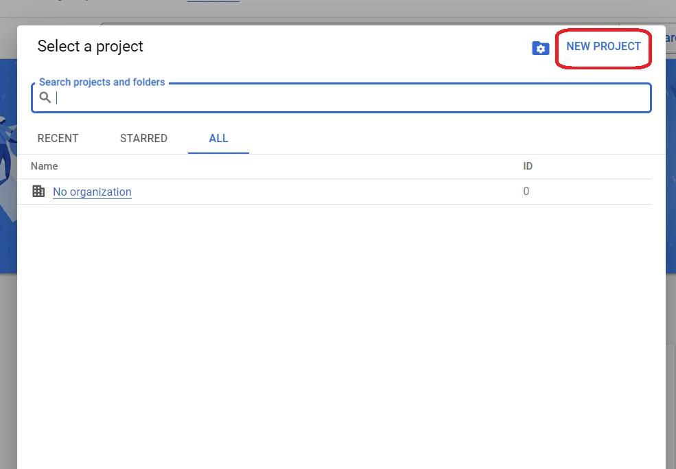 Google Cloud console select a project dialog box.