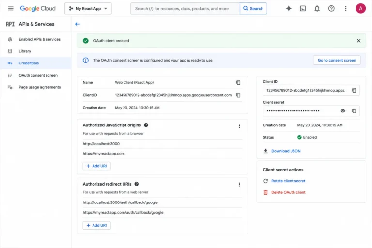 Google Developer Console showing OAuth client credentials created for Google Sign-In integration in a React app.