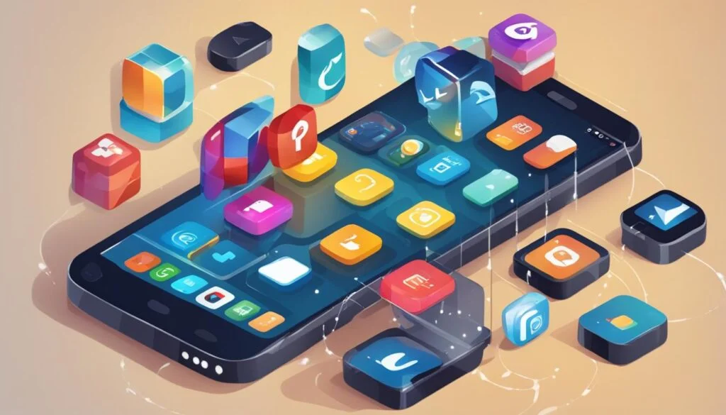 Smartphone with colorful application icons floating.