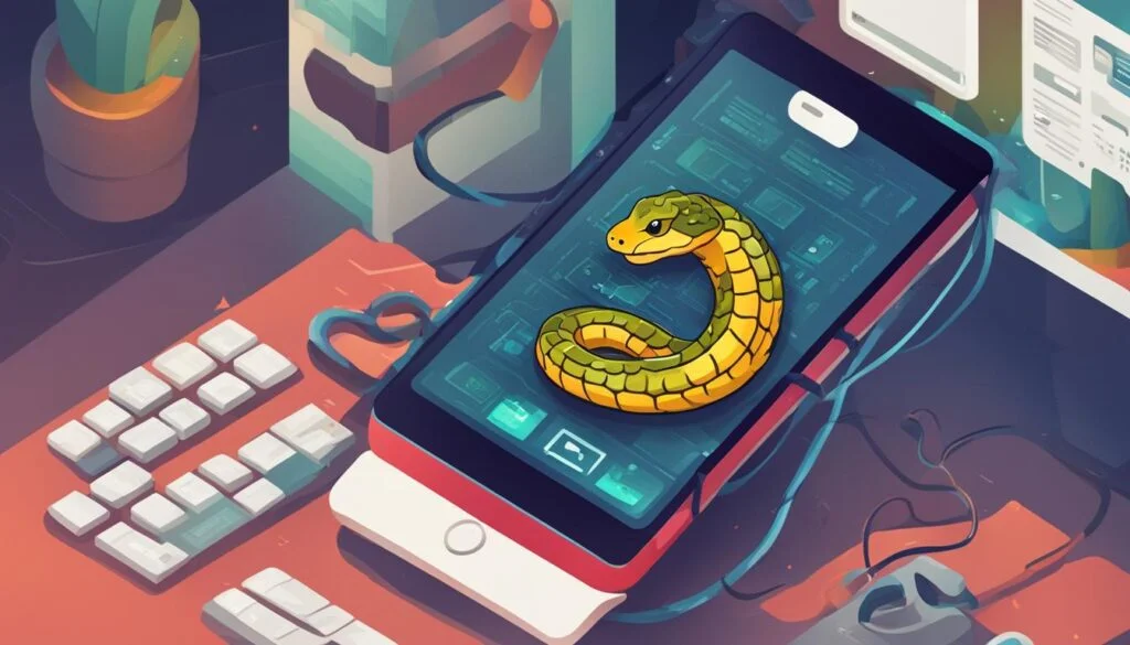 Illustration of a snake on a mobile phone screen.