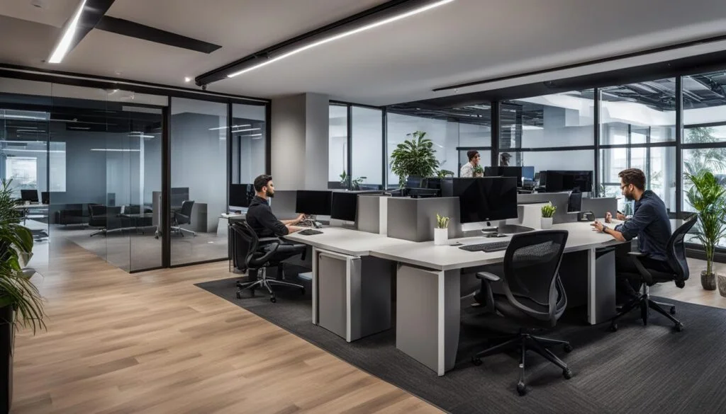 Professionals working at desks in a modern office setup.
