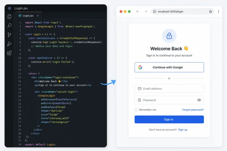 React application login page with a Google social login button and corresponding React code for implementing Google OAuth authentication.