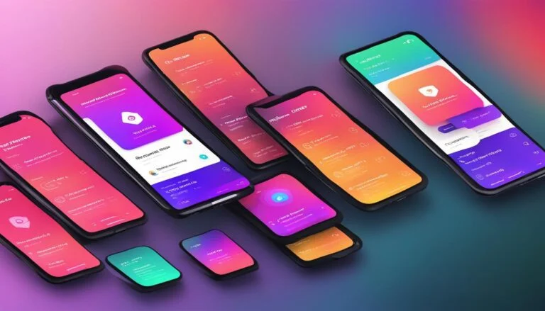 Multiple smartphones displaying vibrant app interfaces.