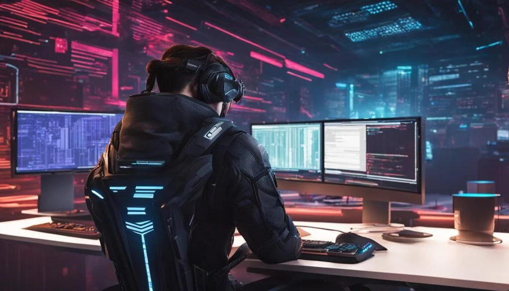 Futuristic programmer working on multiple monitors.