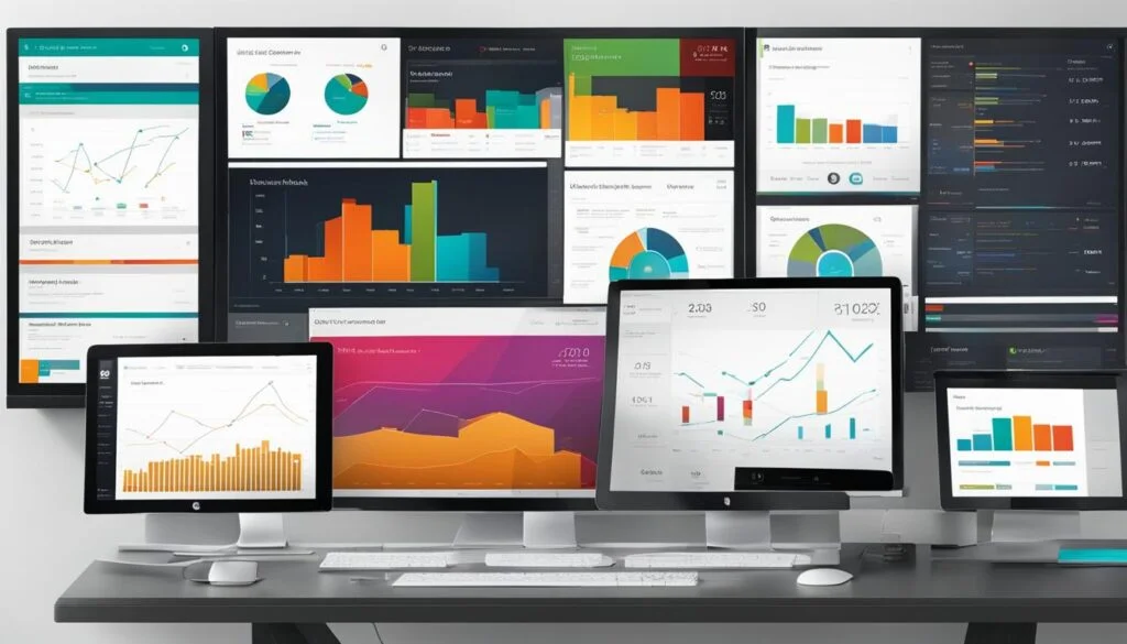 Multiple screens showing data charts and dashboards.