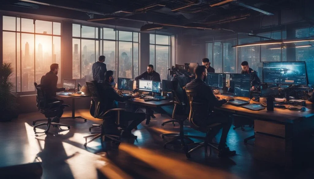 Team working on computers in a high-rise city office.
