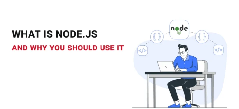 Banner graphic explaining Node.js and its benefits.