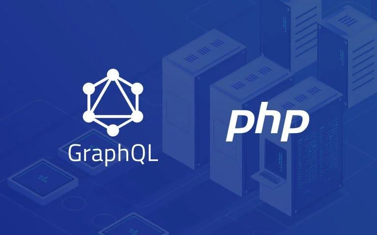 GraphQL and PHP logos over a blue server background.