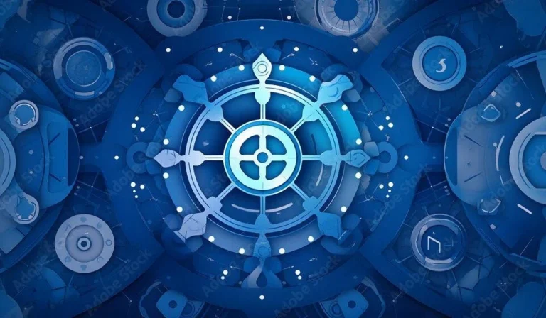 Abstract blue background with a helm steering wheel.