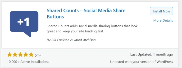 WordPress plugin card interface for Shared Counts.