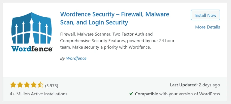 WordPress plugin card interface for Wordfence Security.