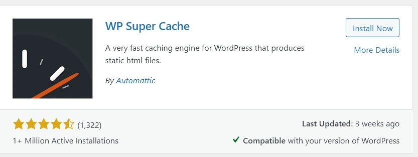 WordPress plugin card interface for WP Super Cache.